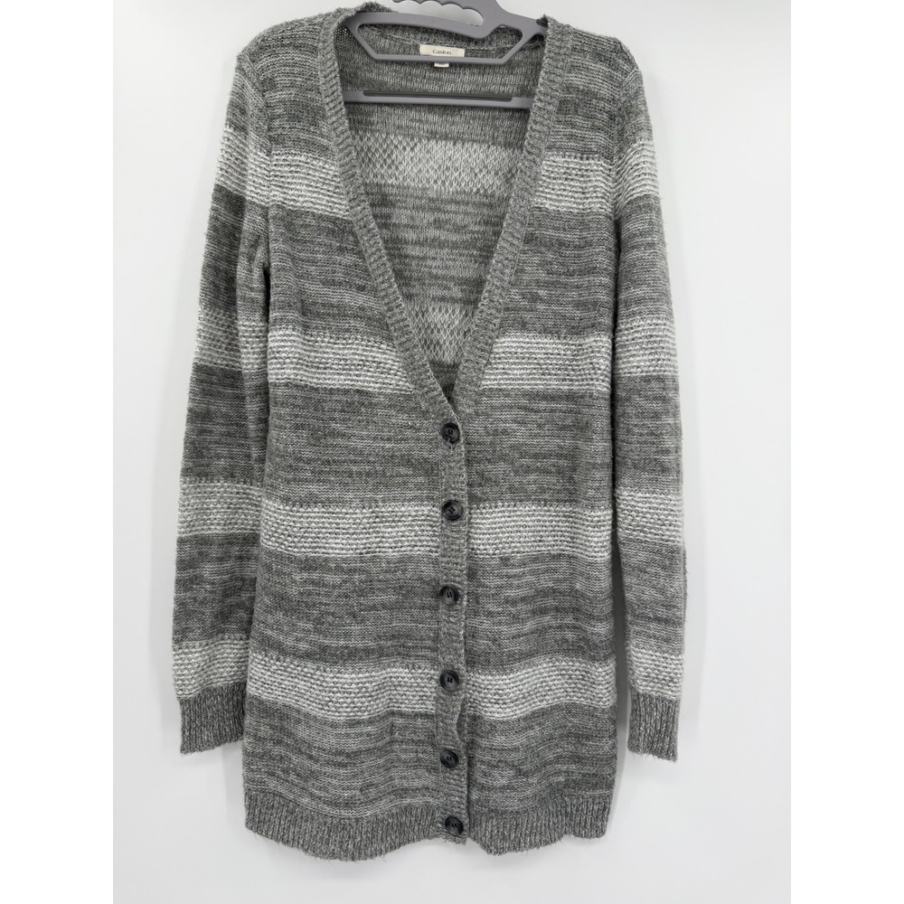 Caslon Grey White Striped Marled Knit Longline Button Front Cardigan Sweater S